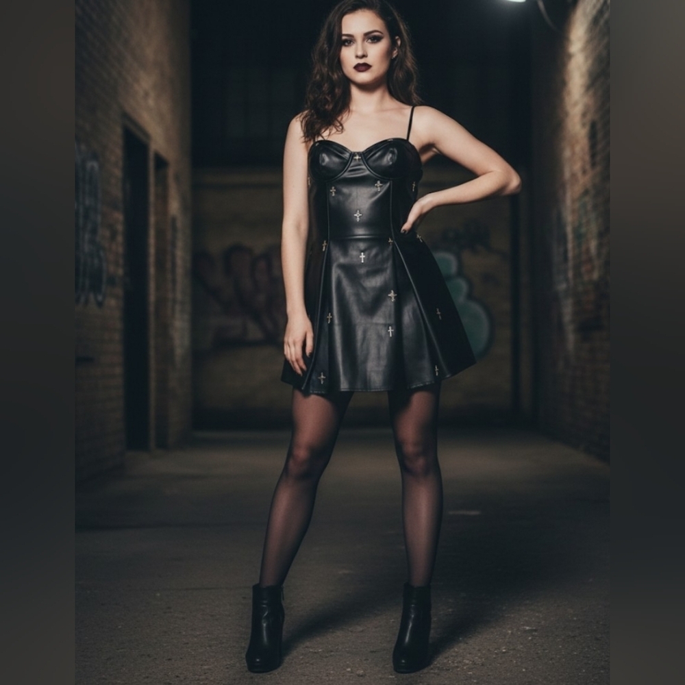 EDGE Black Faux Leather Cross Charm Mini Dress Mall Goth Alt Size M